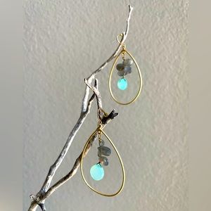 Hook style gold tone dangle earring with blue chalcedony stones